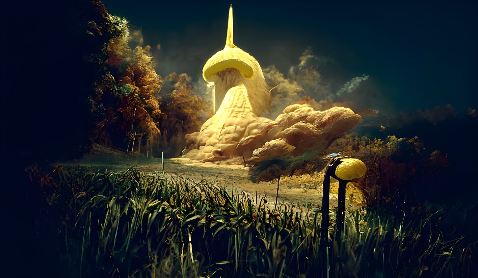 Otherworldly Cornfield Gate with Golden Corncob Statue