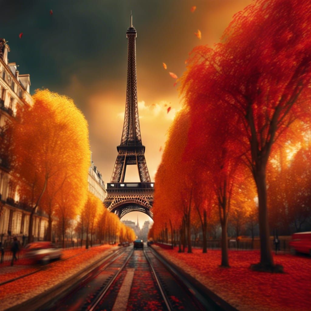 Paris Autumn: Vivid Yellow Tram and Eiffel Tower
