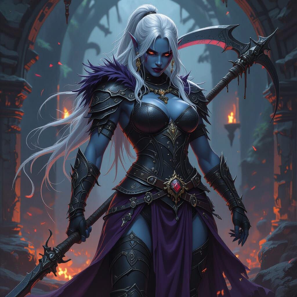 Muscular Drow Matriarch With Scythe in Dark Fantasy Art
