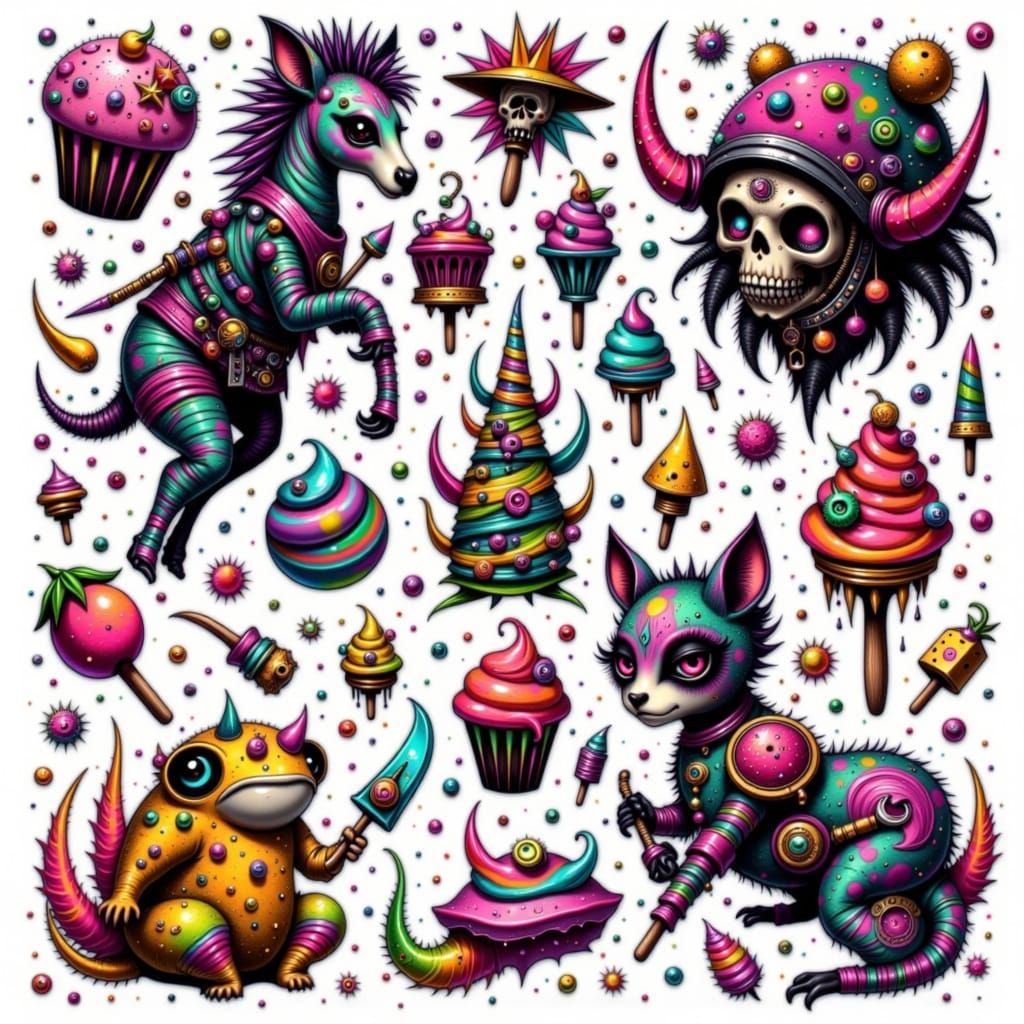 Vibrant Flash Tattoo Sheet with Whimsical Designs