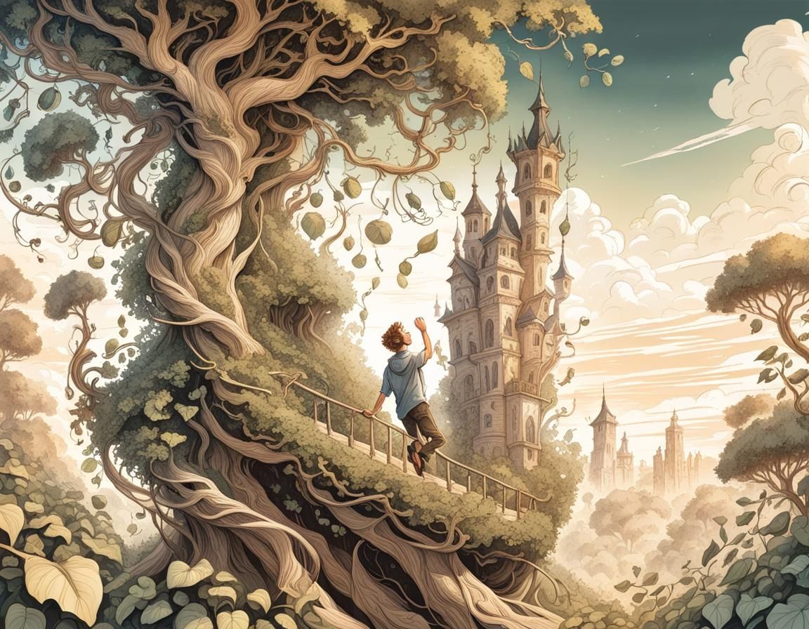 Jack Climbing Beanstalk in Storybook Illustration