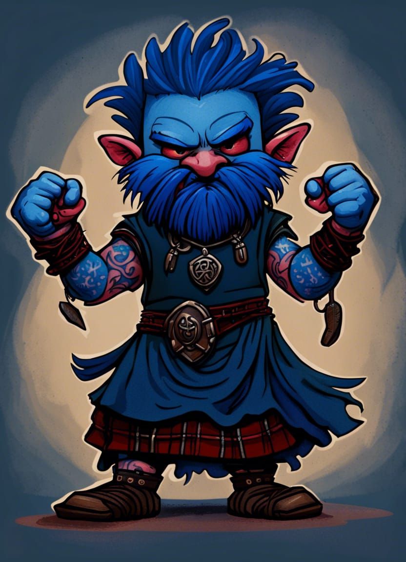 Mischievous Tiny Tattooed Feegle in Dark Crystal Style