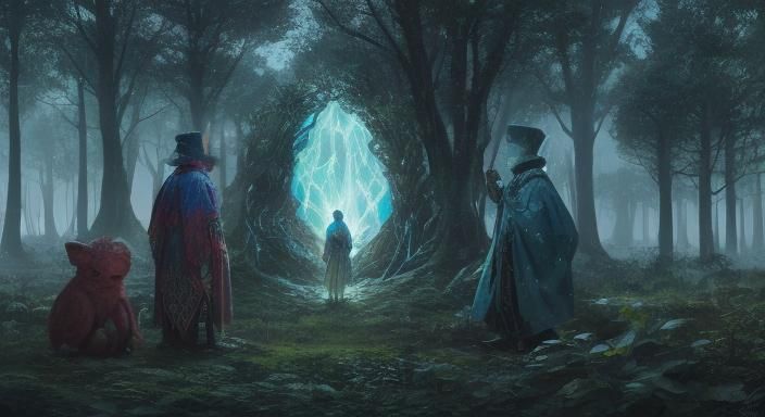 Mystical Forest with Folklore Creatures in Cosmic Art