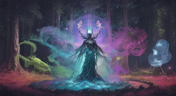 Cosmic Forest with Folklore Creatures Illustration