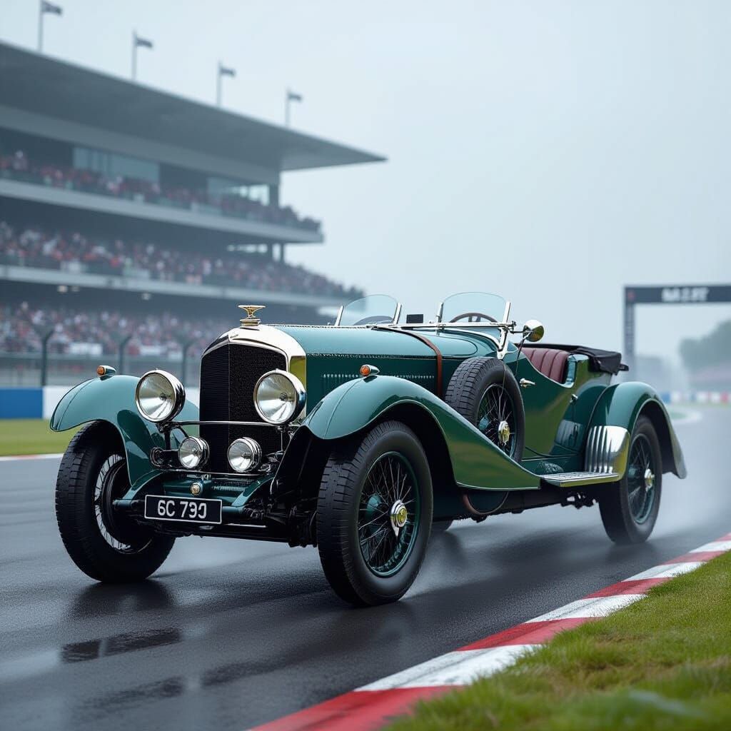 Vintage Bentley Blower on Misty Racetrack