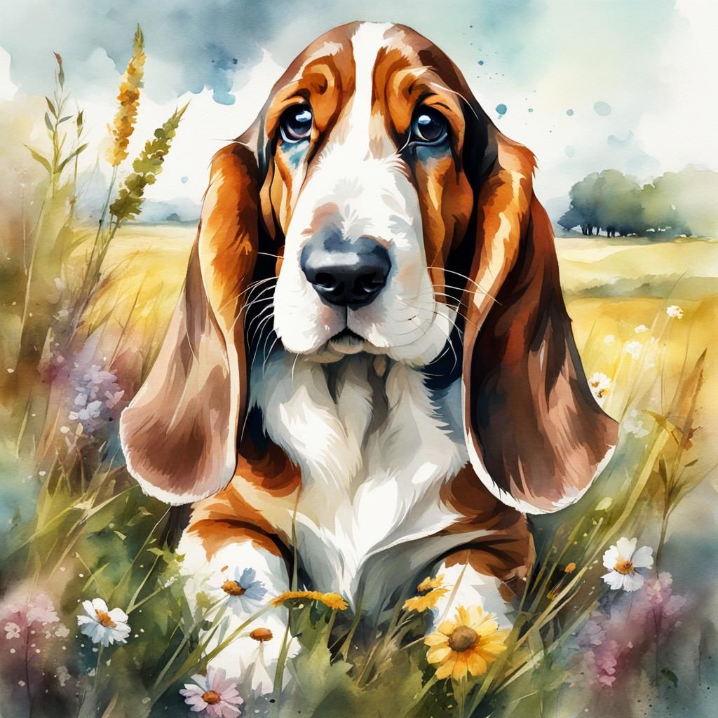 Adorable Basset Hound Puppy in Watercolor Style