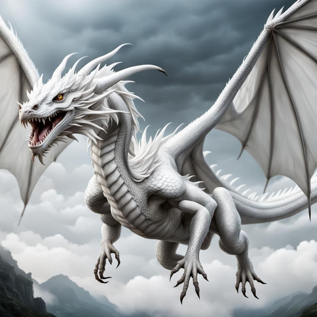 Beautiful white dragon flys through the air