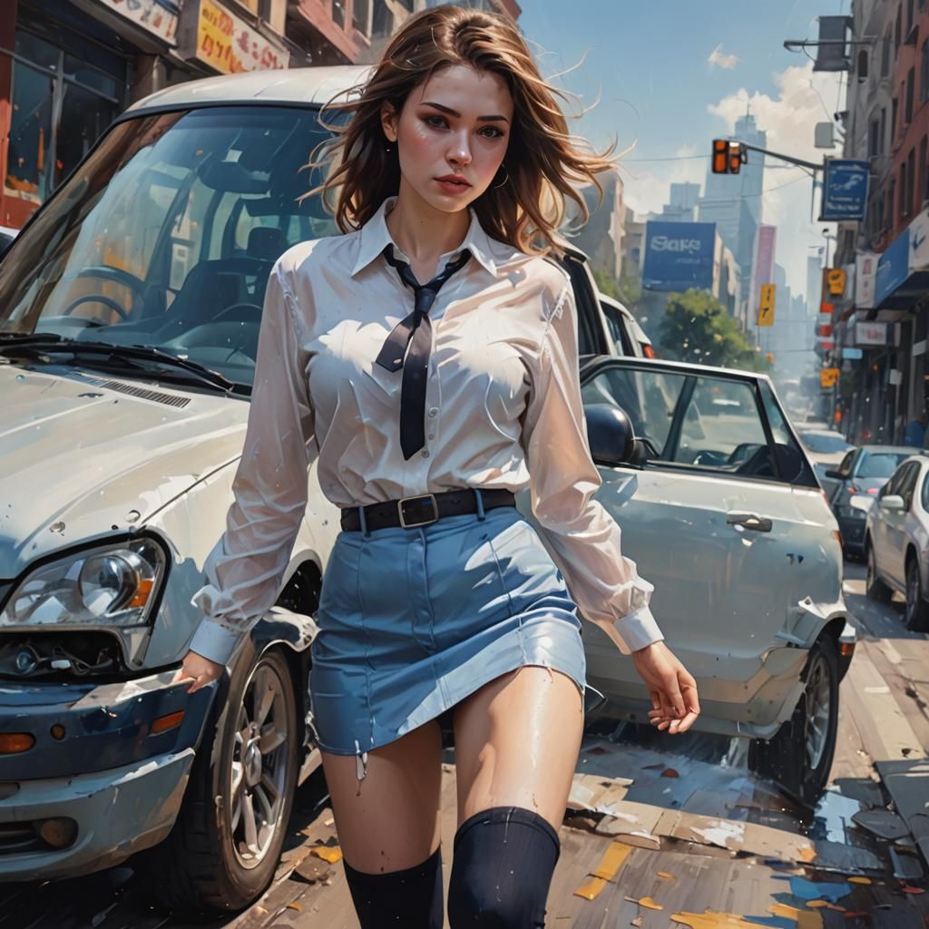 Woman in Miniskirt by Car: Hyperrealistic Splash Art