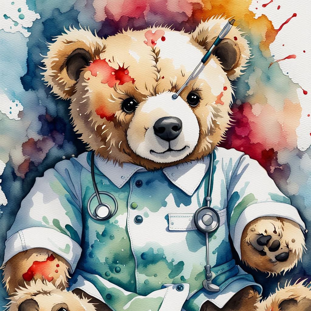 Teddy Bear Surgeon in Watercolor Style