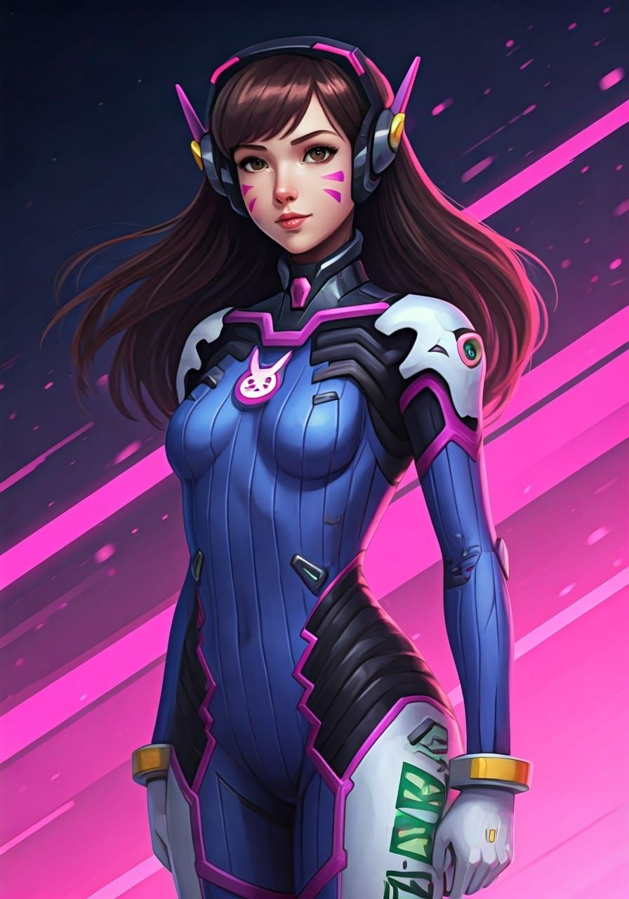 D.Va in Mechsuit Neon Cityscape: Digital Art