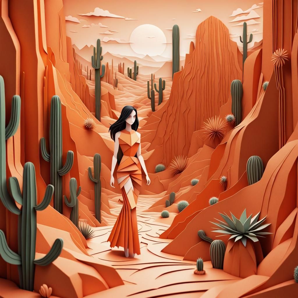 Orange Monochrome Desert Canyon 3D Paper Doll