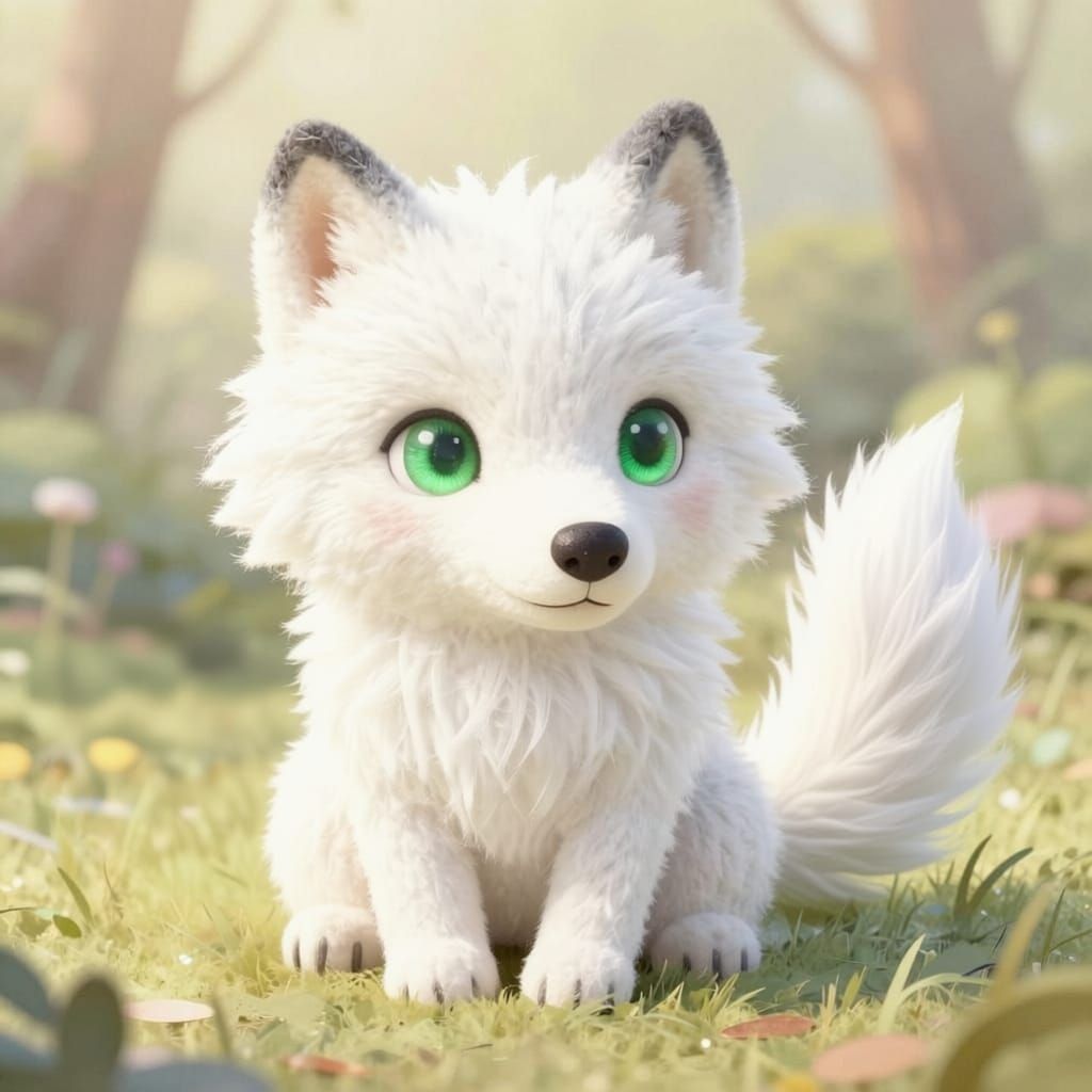 Cute Fuzzy Yarn Wolfie with Green Eyes in Storybook Style