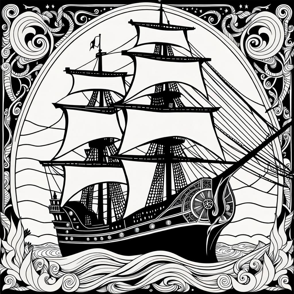 Gothic Pirate Ship Coloring Page: Detailed Line Art