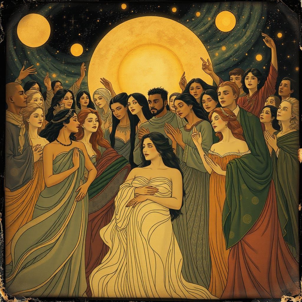 Harmonious Cosmic Gathering in Art Nouveau Style