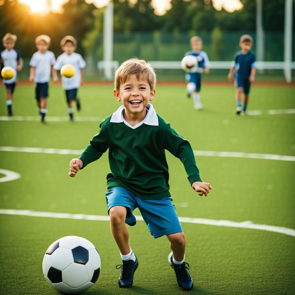 Boy Playing Football on School Field