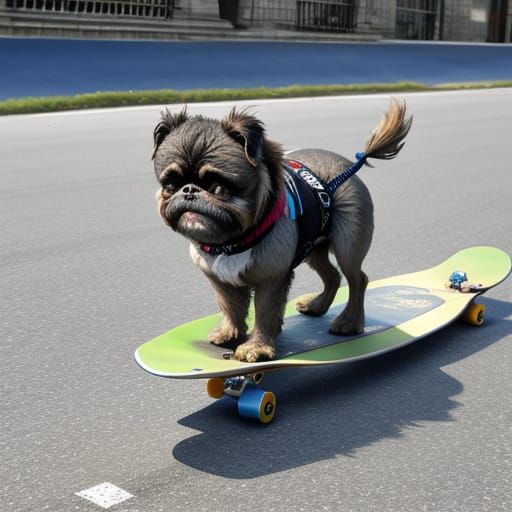 Brussels Griffon Dog Rides a Skateboard