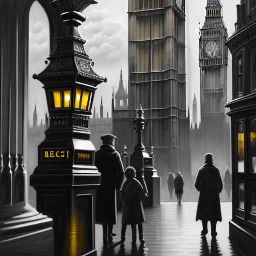 Greyscale Oil Painting of Big Ben and London