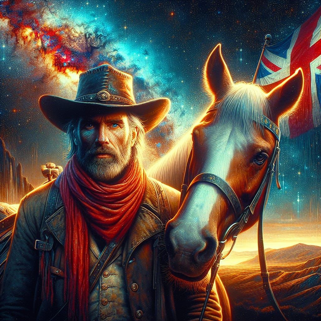 Cowboy and Horse Under Starry Sky, as Matte Painting