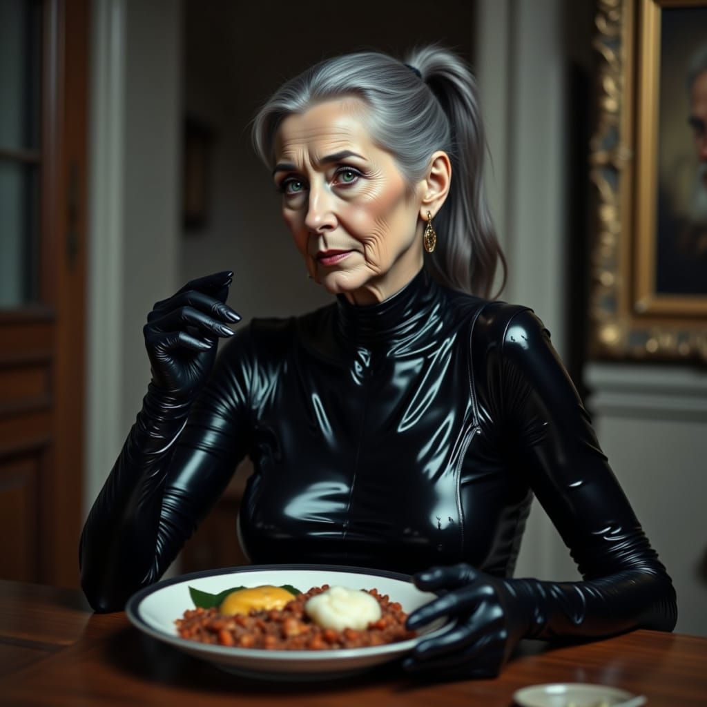 Elegant 70-Year-Old in Shiny Black Latex