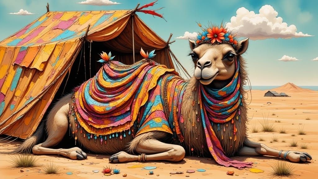 Whimsical Jeweled Camel in Illustrative Style