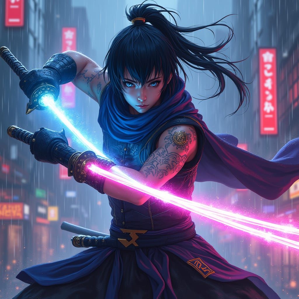 Cyberpunk Samurai Slicing Through Neon City Rain