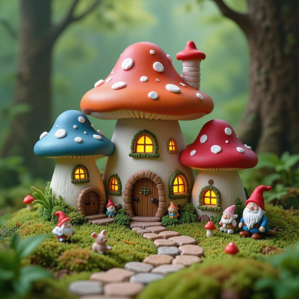 Whimsical Clay Mushroom Village Diorama