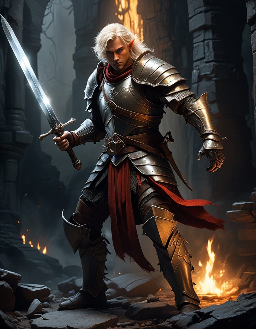 Muscular Knight Wields Glowing Elemental Sword in Dark Dunge...