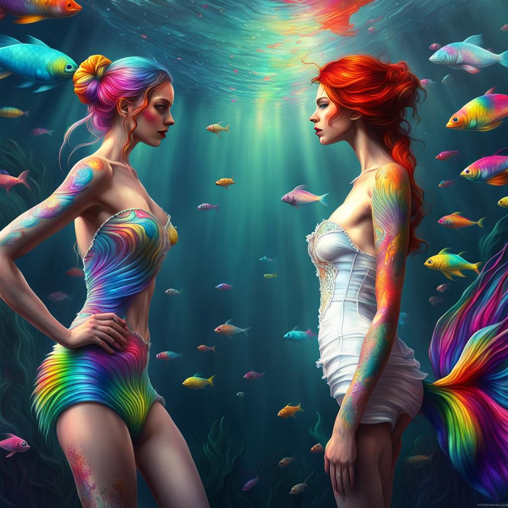 Rainbow Mermaids Flirting Underwater in Graffiti Art