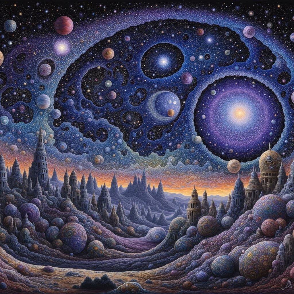 Cosmic Cityscape Unfolds Under Vibrant Starry Skies