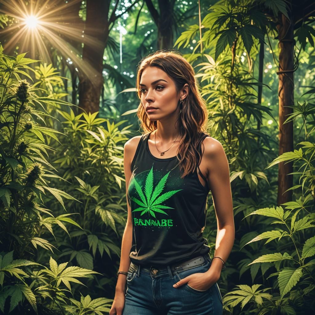 Woman in Cannabis Jungle with Mystic Lights