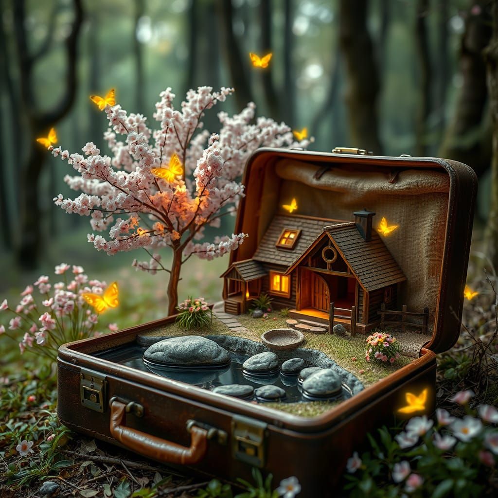 Miniature World in Suitcase, Dreamlike Whimsical Art