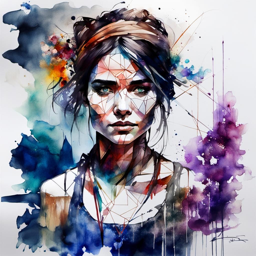 une peinture à forme géométrique au contour épais sur le tableau d'une femme...