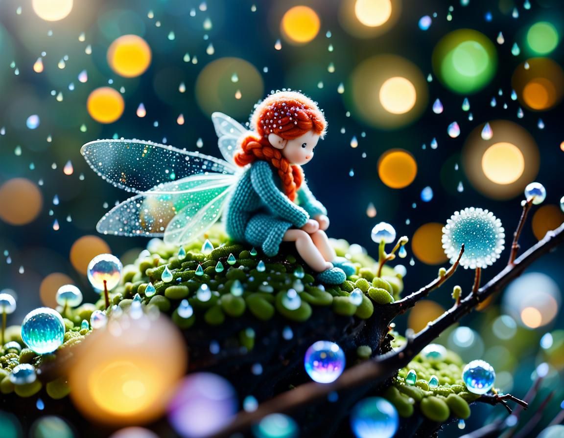 Knitted Fairy on Bioluminescent Flower with Dewdrops