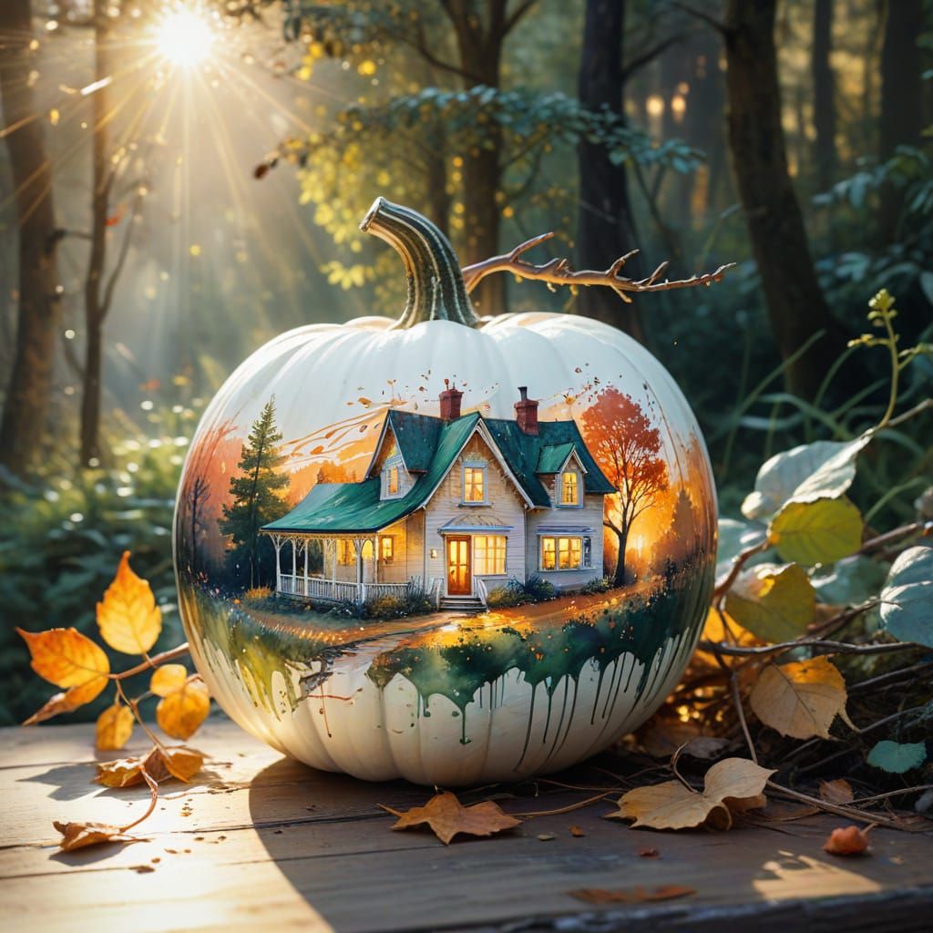 Dreamy Watercolor White Pumpkin in Autumn Sunlight
