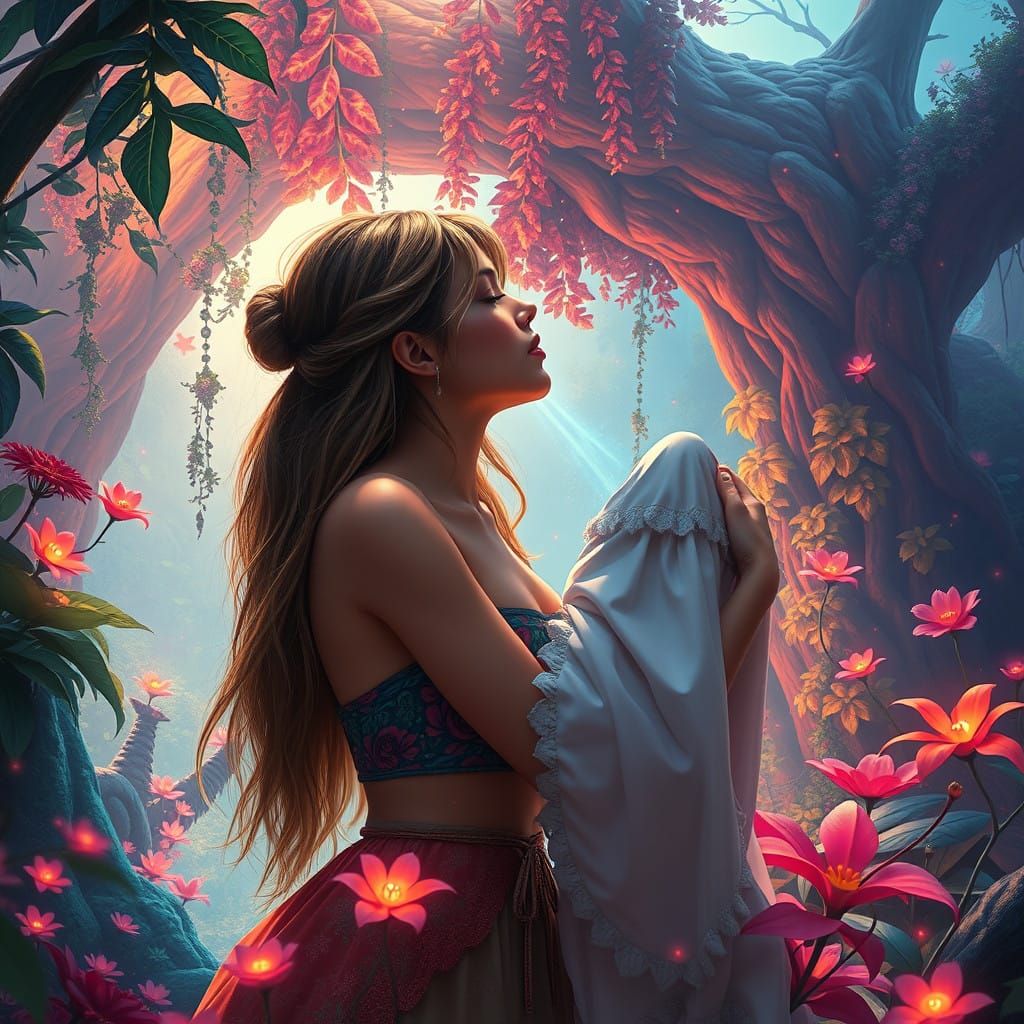 Vibrant Fantasy Realm Kiss in a Cyberpunk-Inspired Art Style