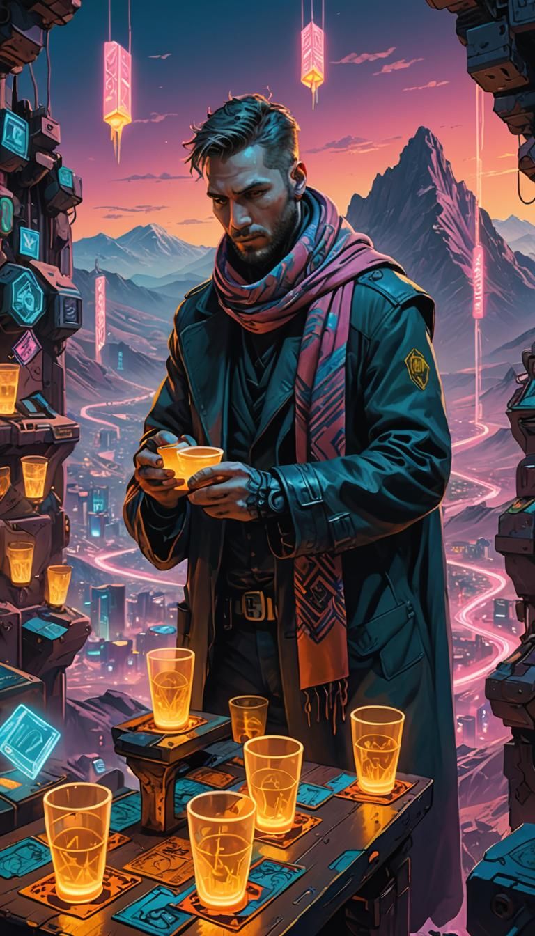 Eight of Cups Tarot Card in Cyberpunk Style