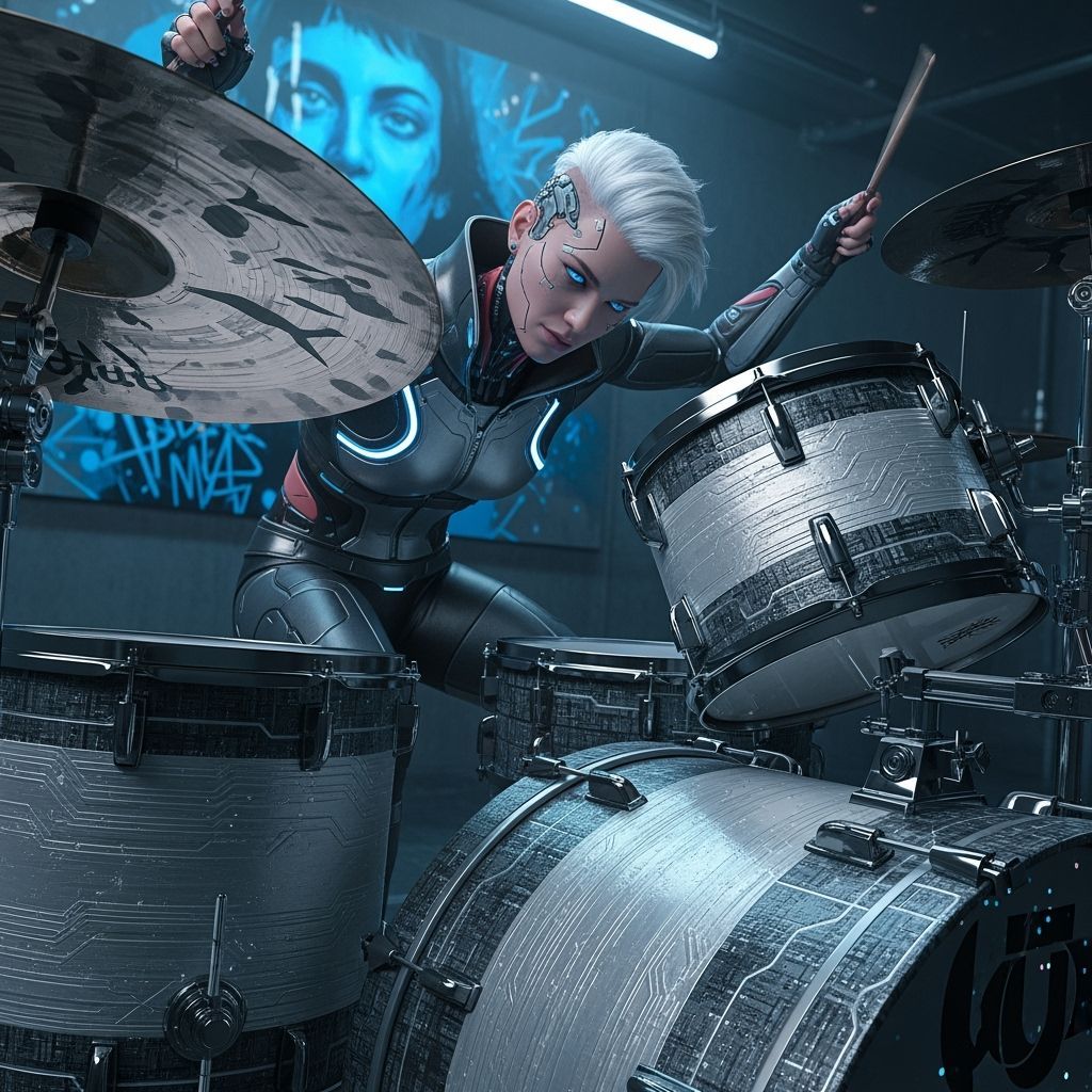 Androgynous Android Drummer in Cyberpunk Style