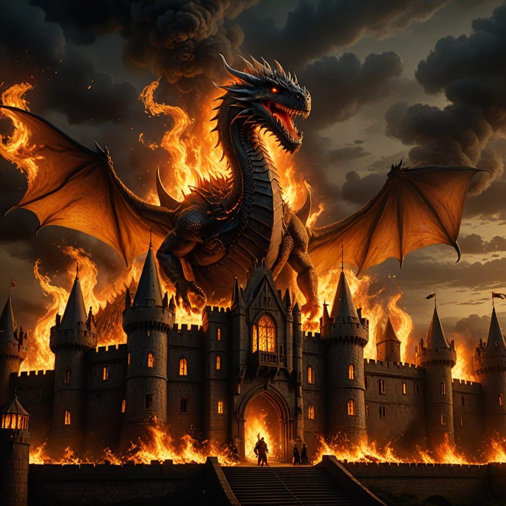 Dragon Burns Castle in Dramatic Fantasy Art