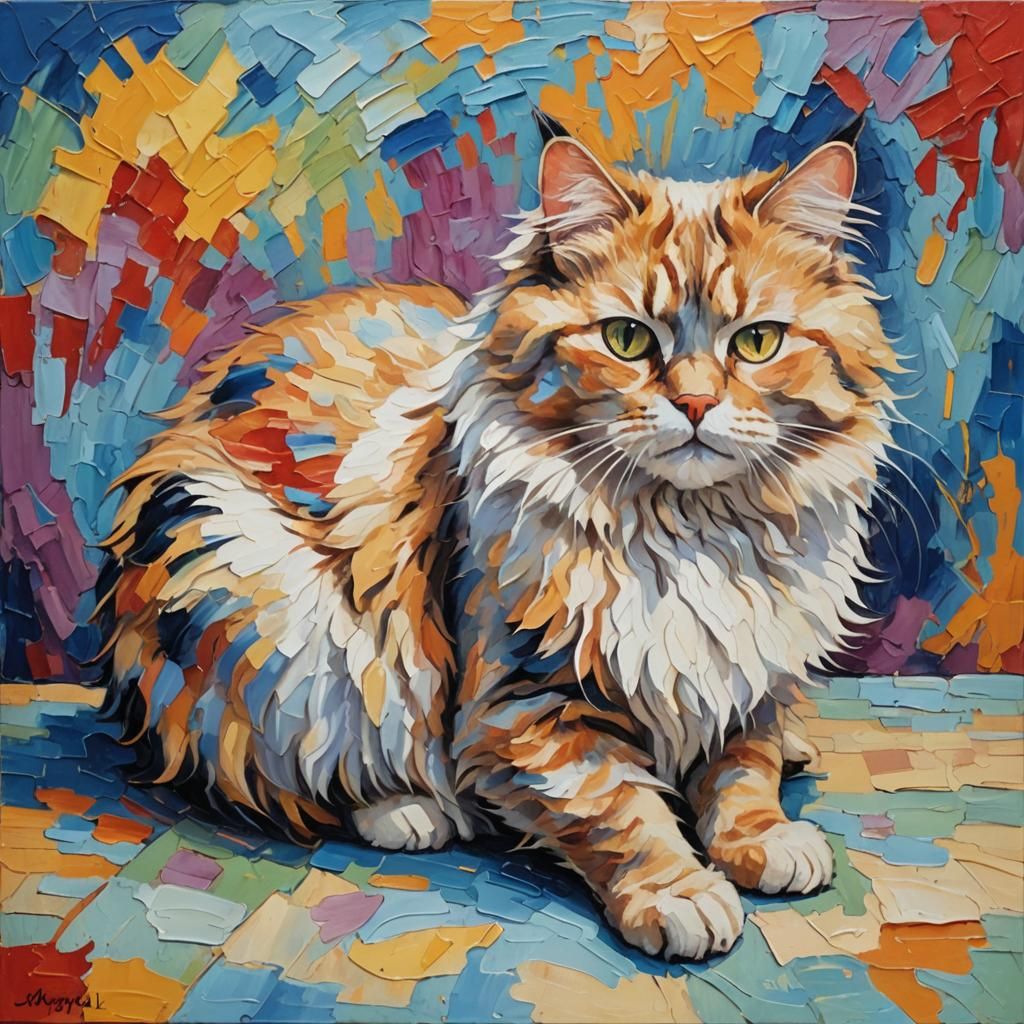 Fluffy Cat in Neo-Impressionistic Oil Painting