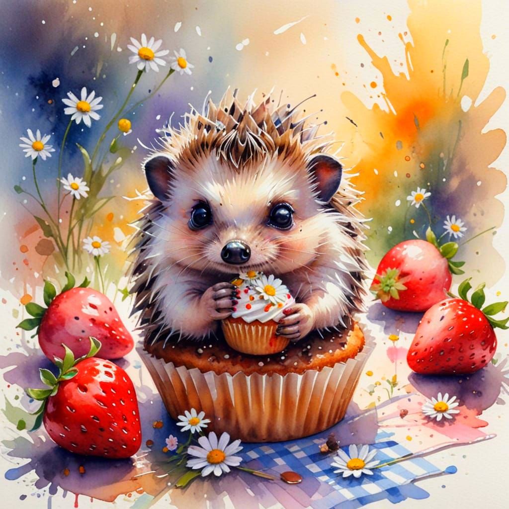 Kawaii Hedgehog Eating Cupcake with Daisies