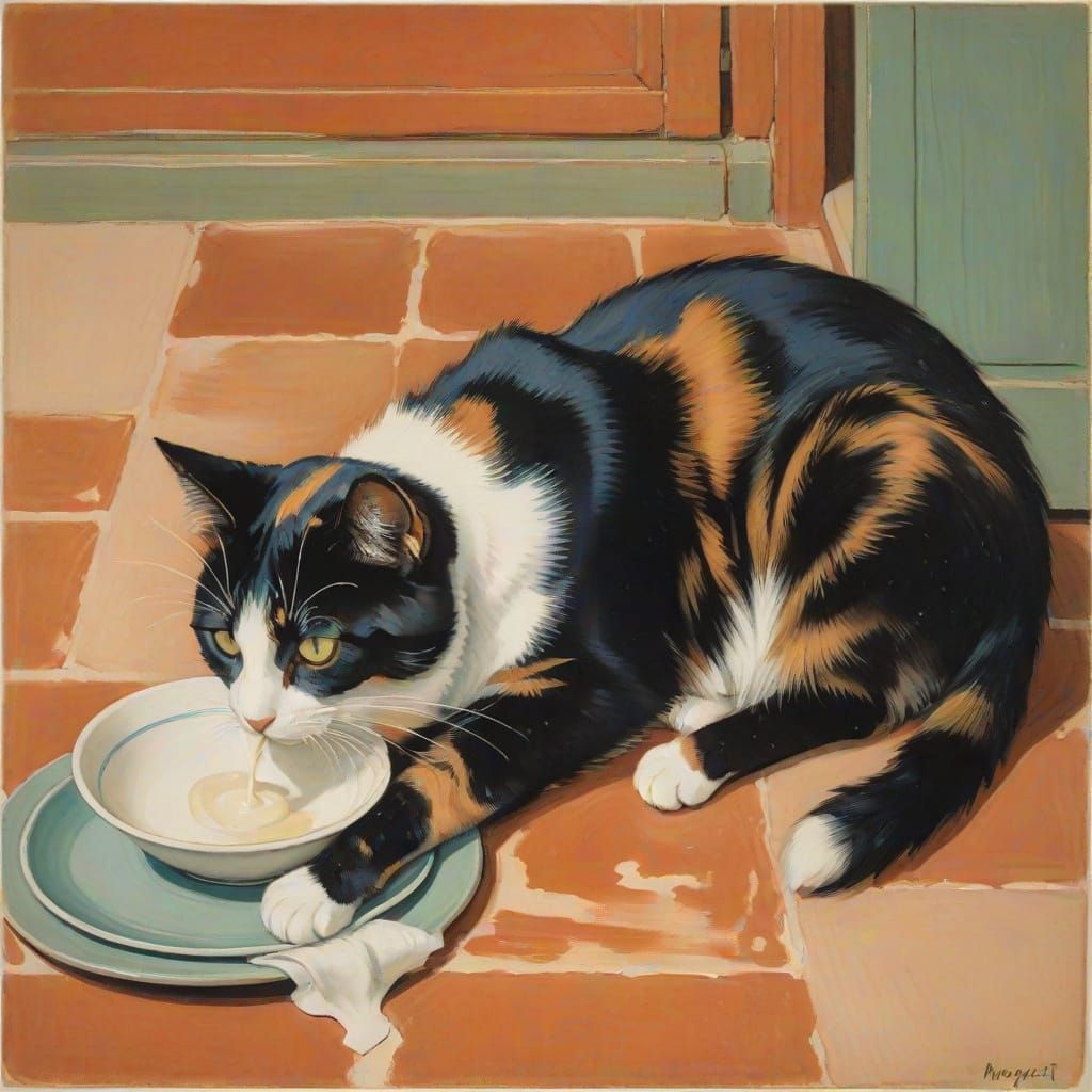 Study of a calico cat lapping milk out of a saucer, color aquatint with drypoint by Mary Cassatt,