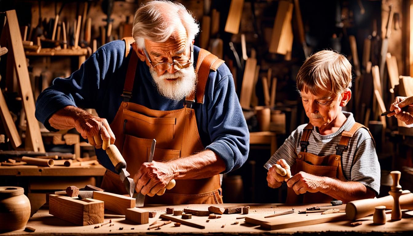 Woodworking Lesson: Old Teacher and Young Apprentice