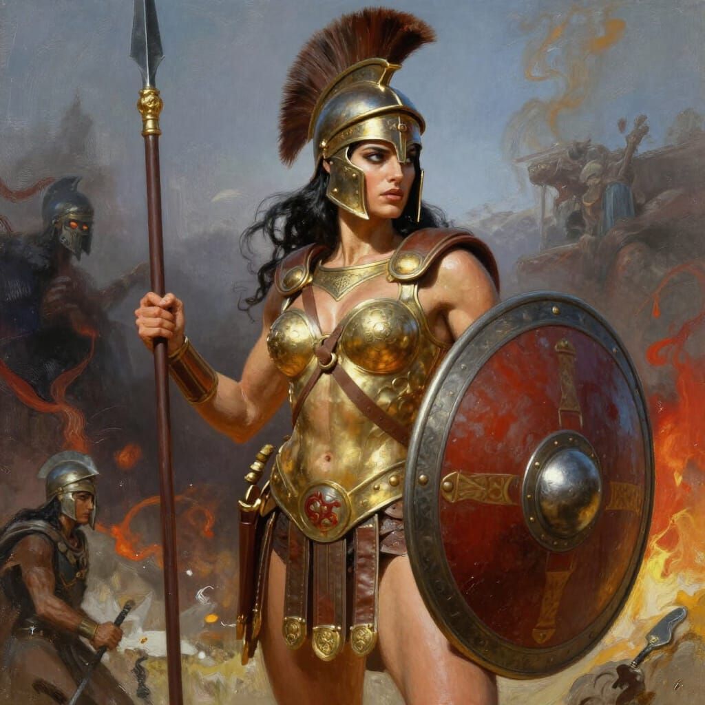 Ancient Greek Warrior Woman With Spear and Shield