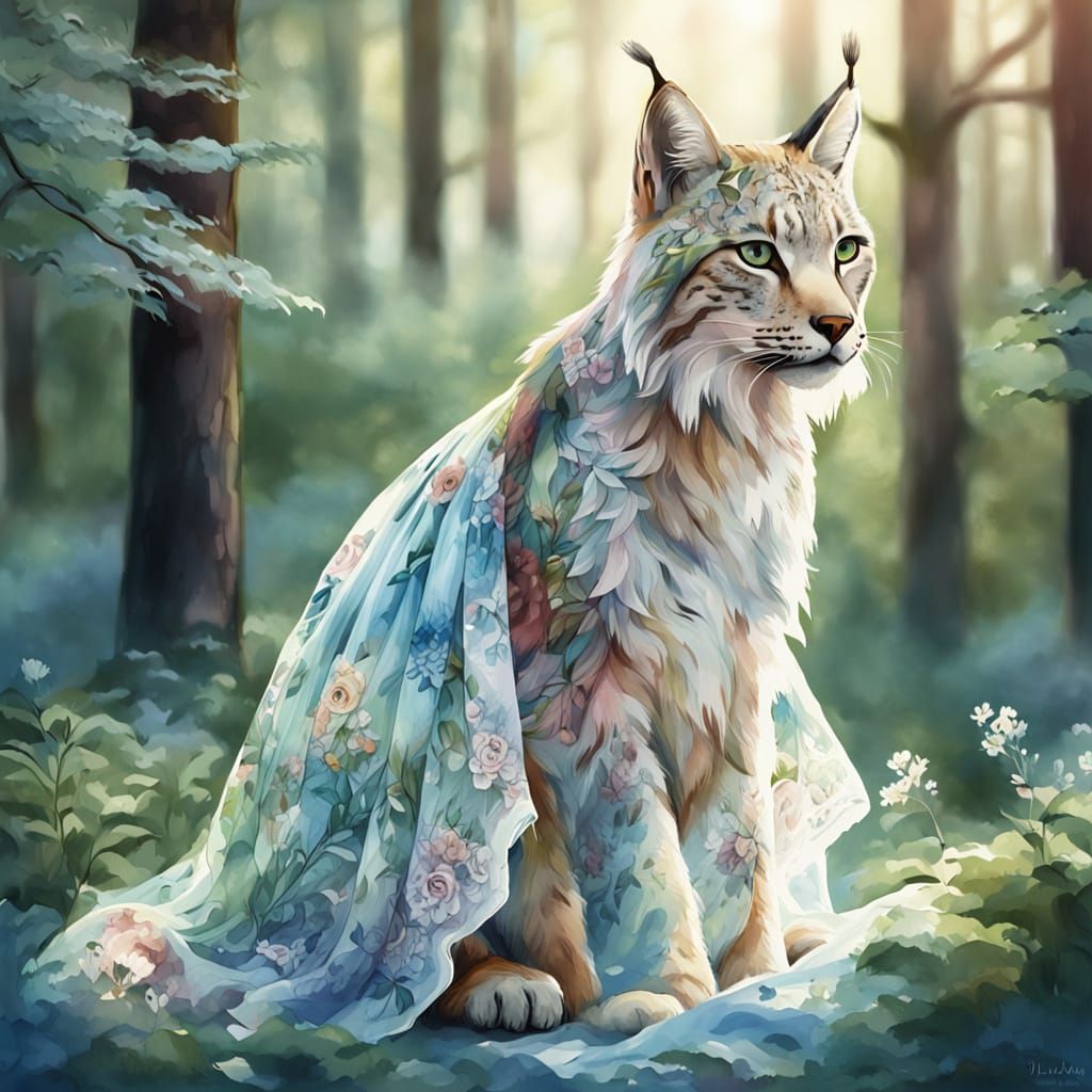 Whimsical Lynx in Floral Forest Watercolor
