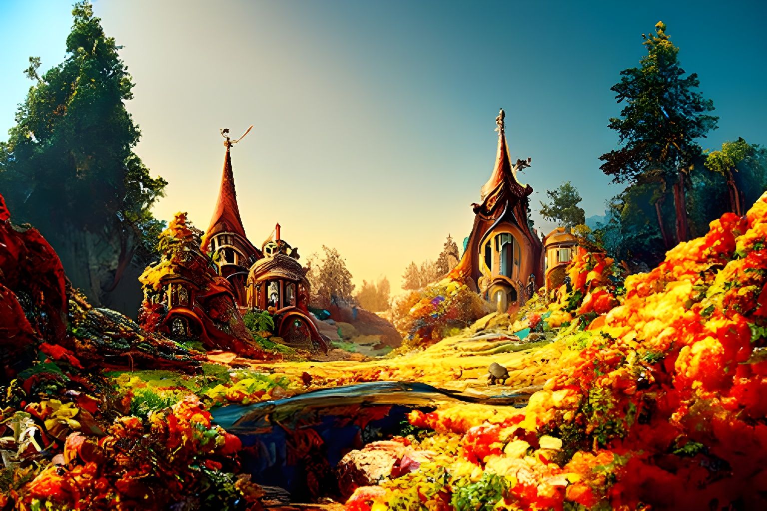 Magical Fairy Village with Pond, Hyperrealistic Cel-Shaded R...