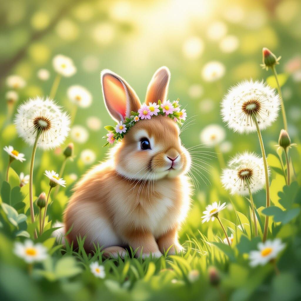 Fluffy Rabbit in Dandelion Garden, Dreamlike Style