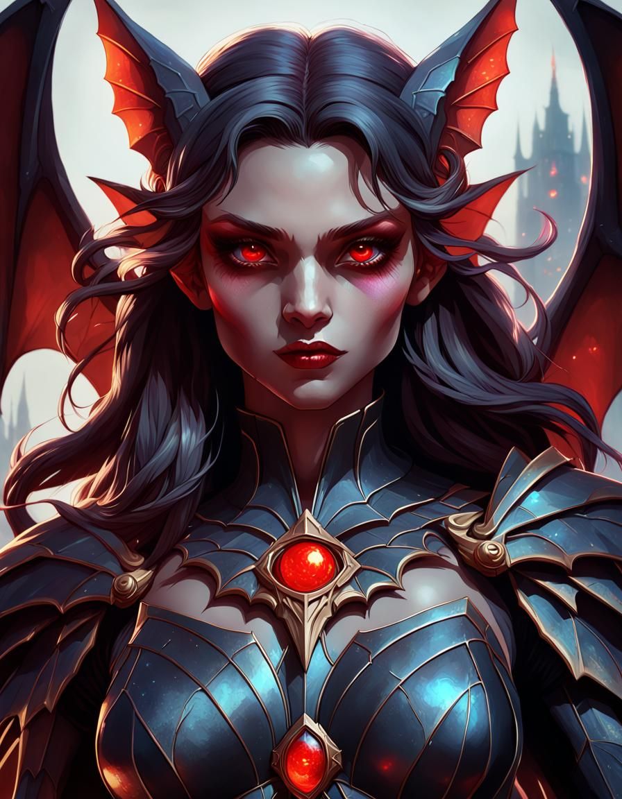 Dark Bat Goddess with Red Eyes, Hyperdetailed Portrait
