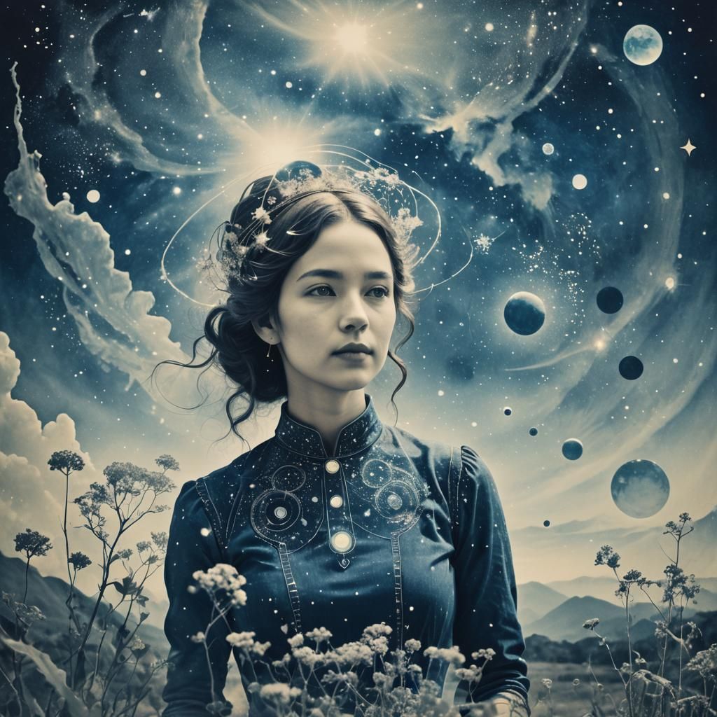 Ethereal Cyanotype Starfield Temple with Cosmic Woman