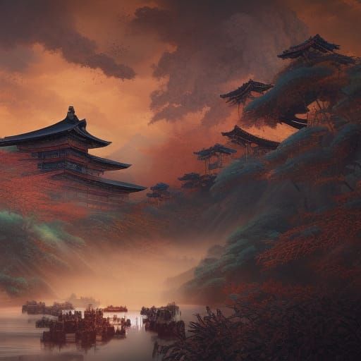Mongol Fleet Destruction: Old Japanese Style Painting