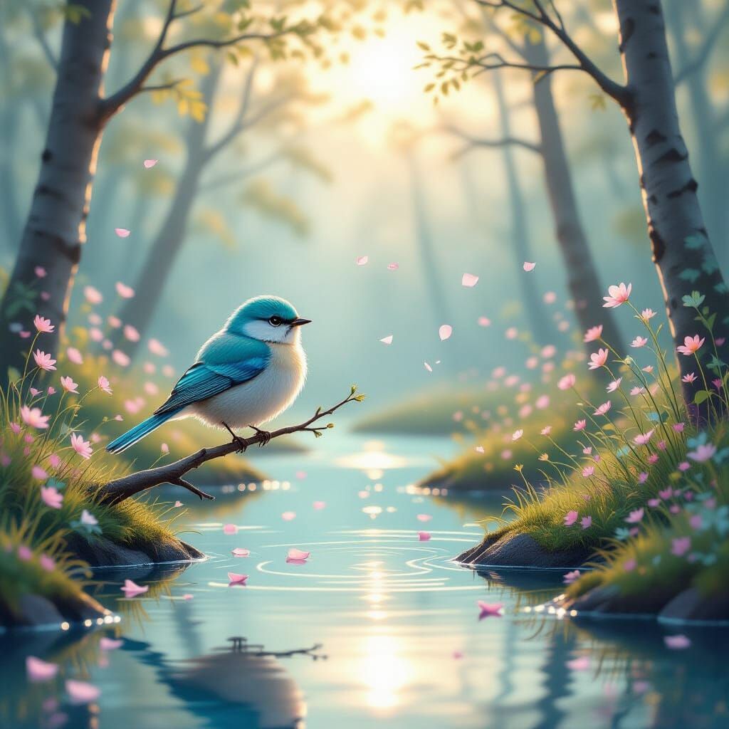 Dreamy Forest Scene with Bird and Glowing Pond